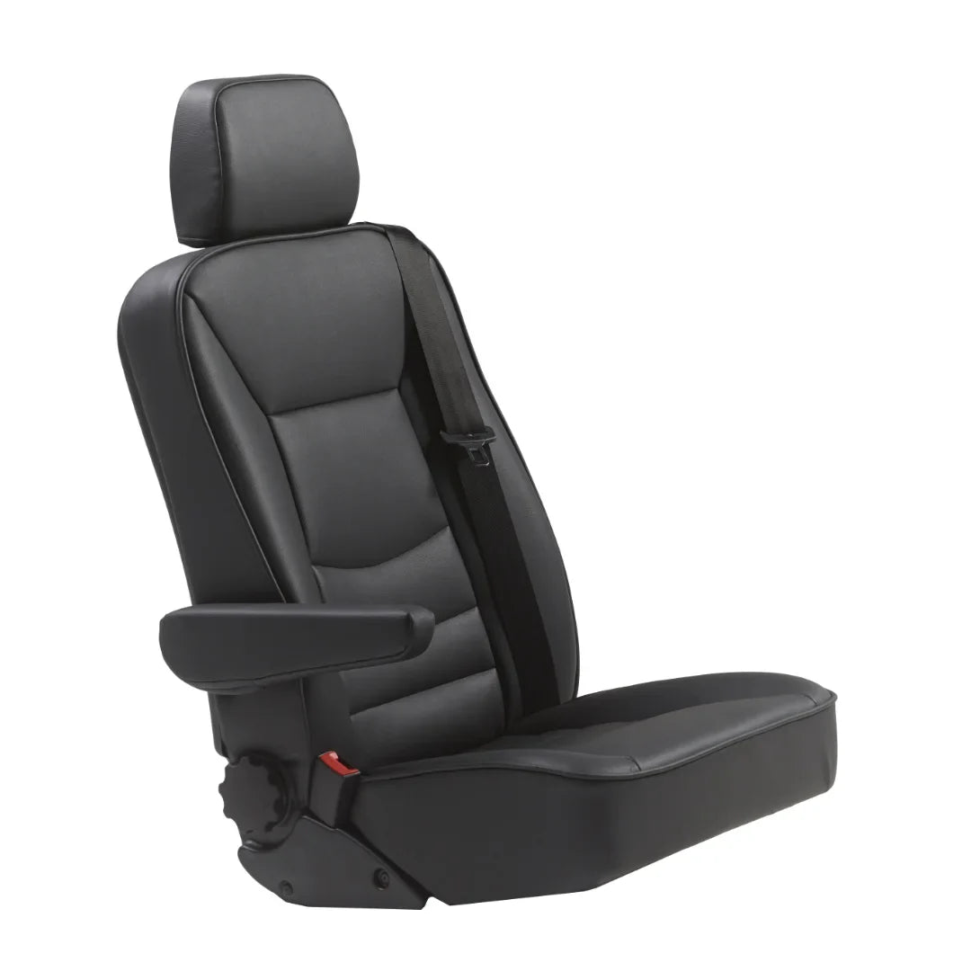 Black leatherette Smartseat EZ XL 19" passenger seat with integrated 3-point belt mounted on a Smartfloor track system.