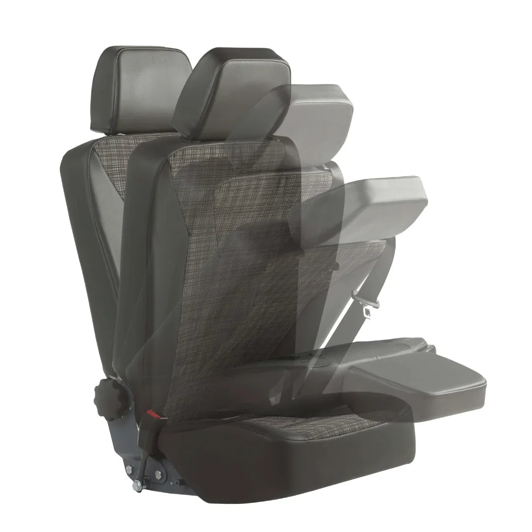 16-inch Smartseat RV passenger seat with foldable table backrest and cup holders, mounted on Smartfloor track.